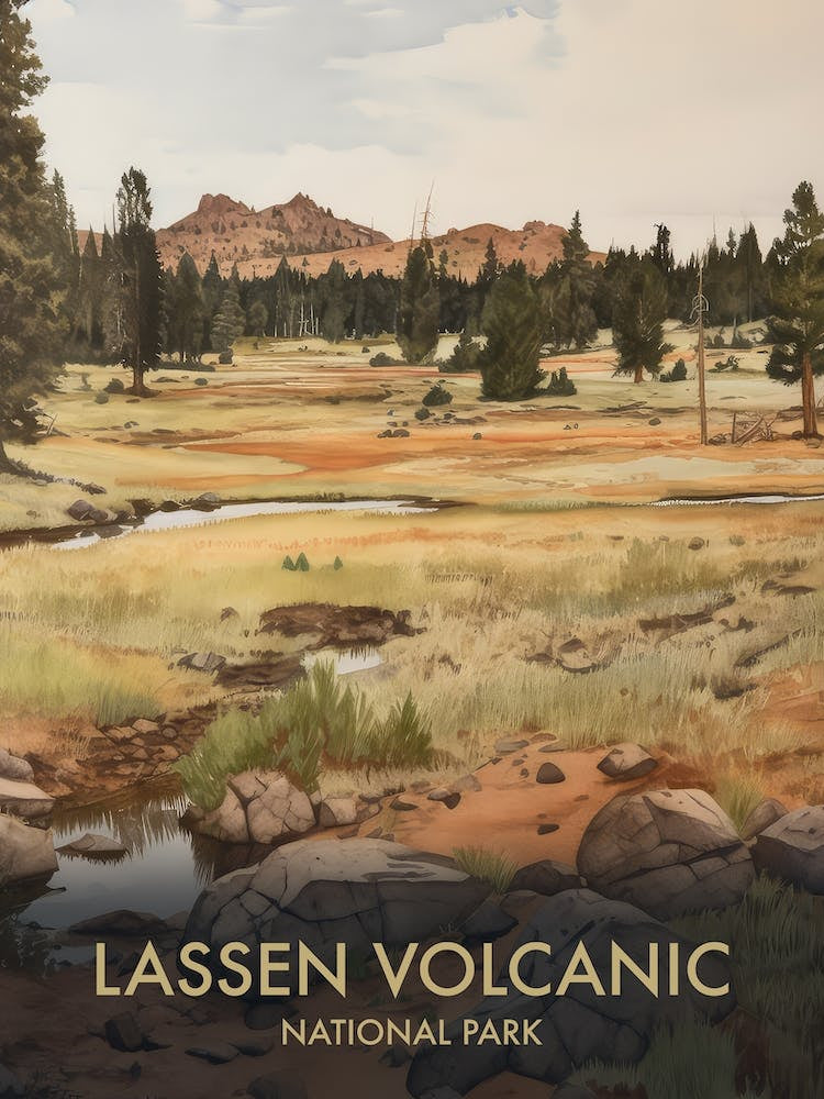 Lassen Volcanic National Park Watercolour Vintage Travel Poster 2
