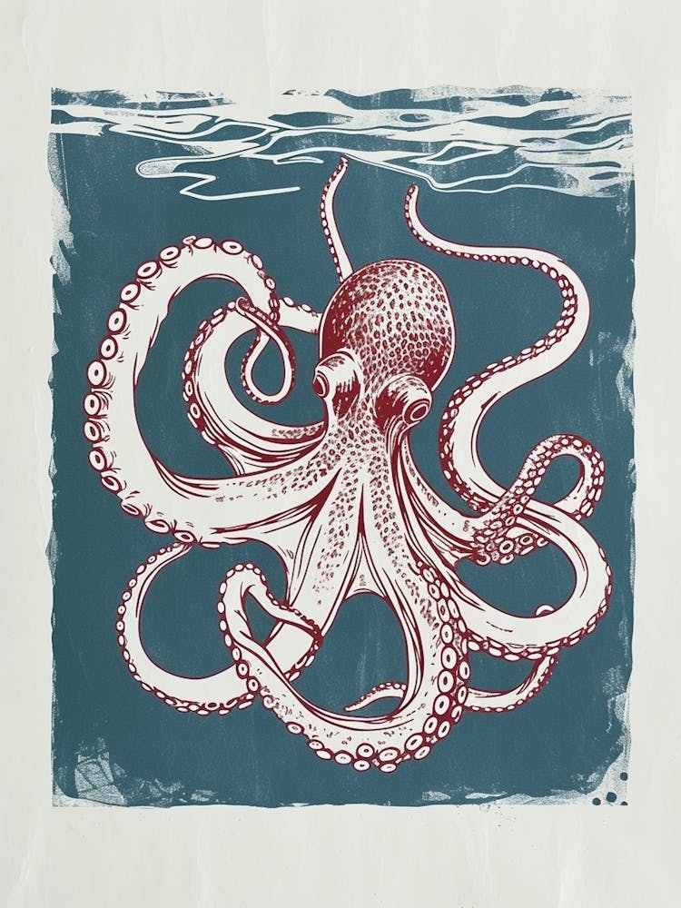 Octopus Swimming Around With Tentacles Red Navy Linocut Inspired 6
