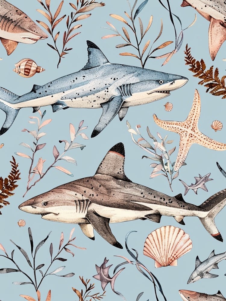 Pastel Blue Nurse Shark Watercolour Seascape Pattern 3