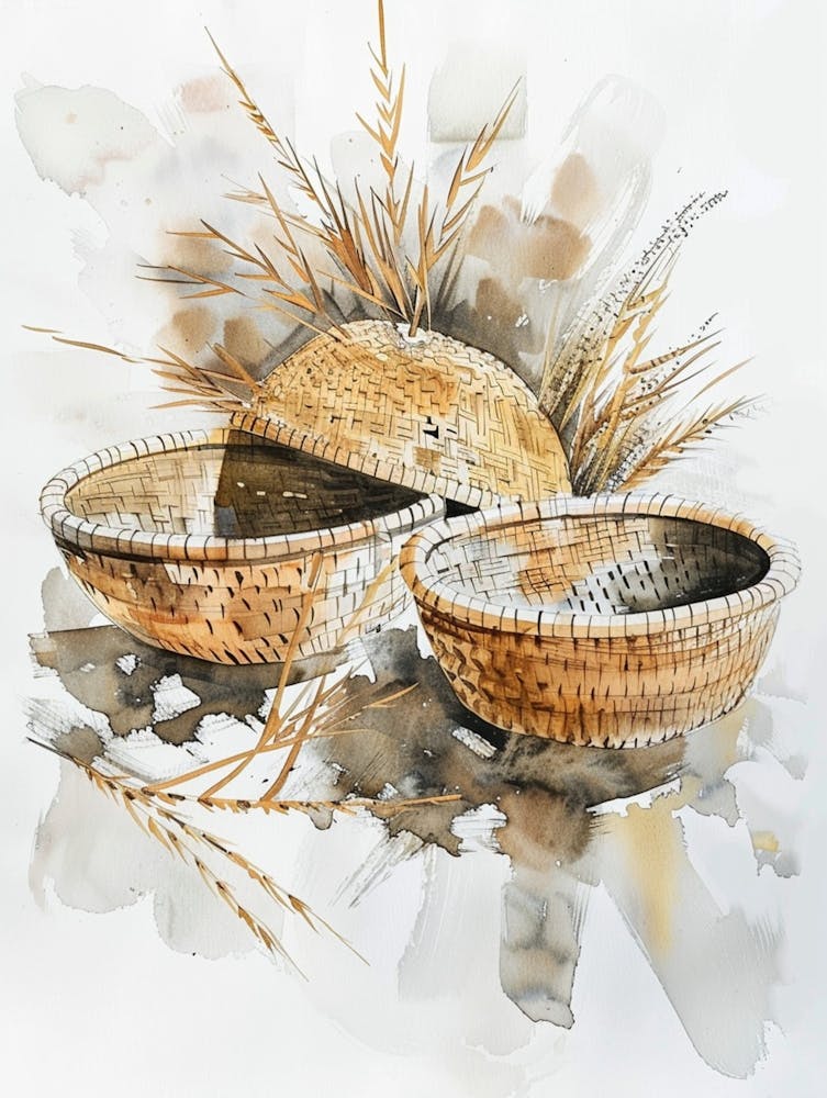 Rural Straw Weaving Products, Ink Or Watercolor Painting Style