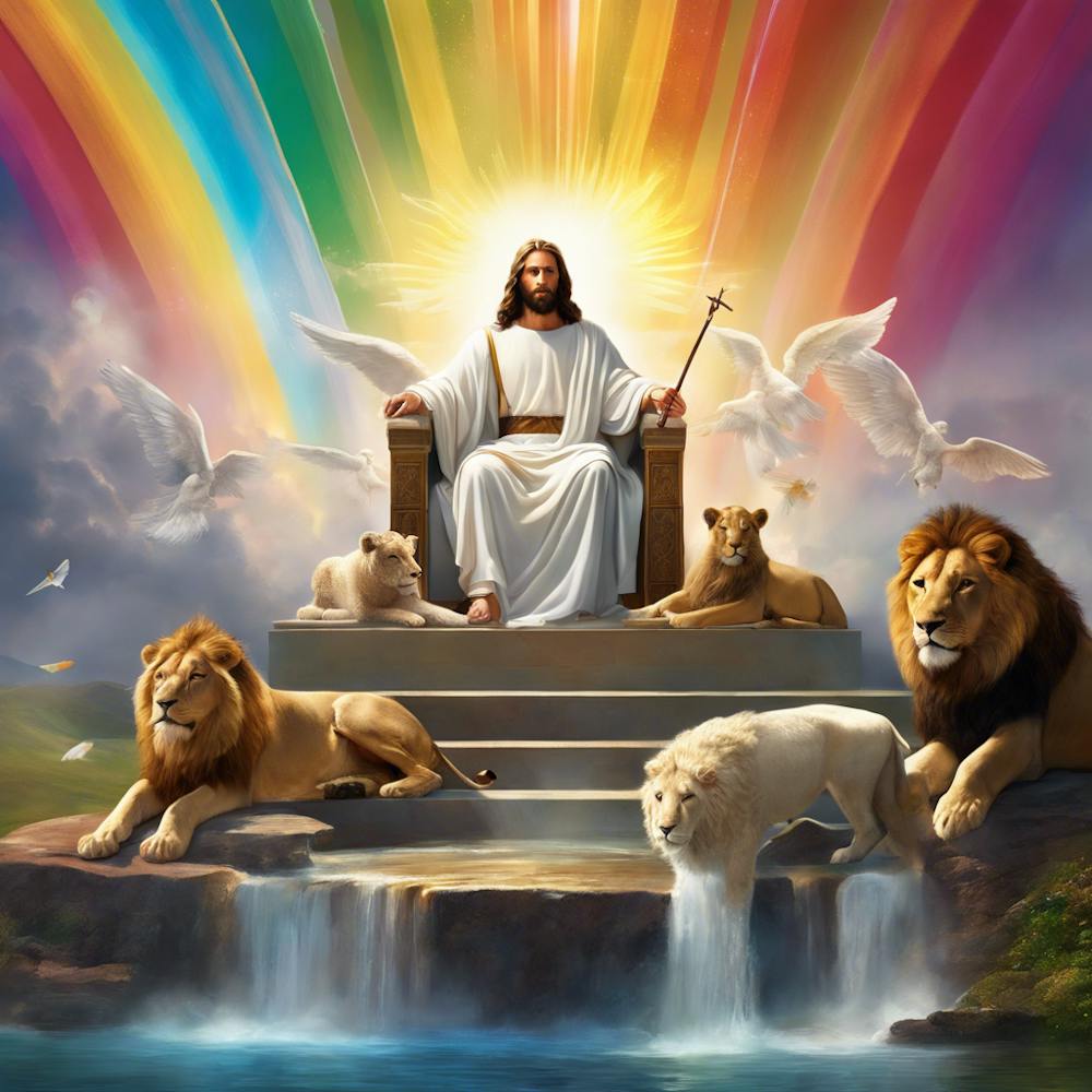 Jesus On Throne In Heaven Rainbow Sky and Animals