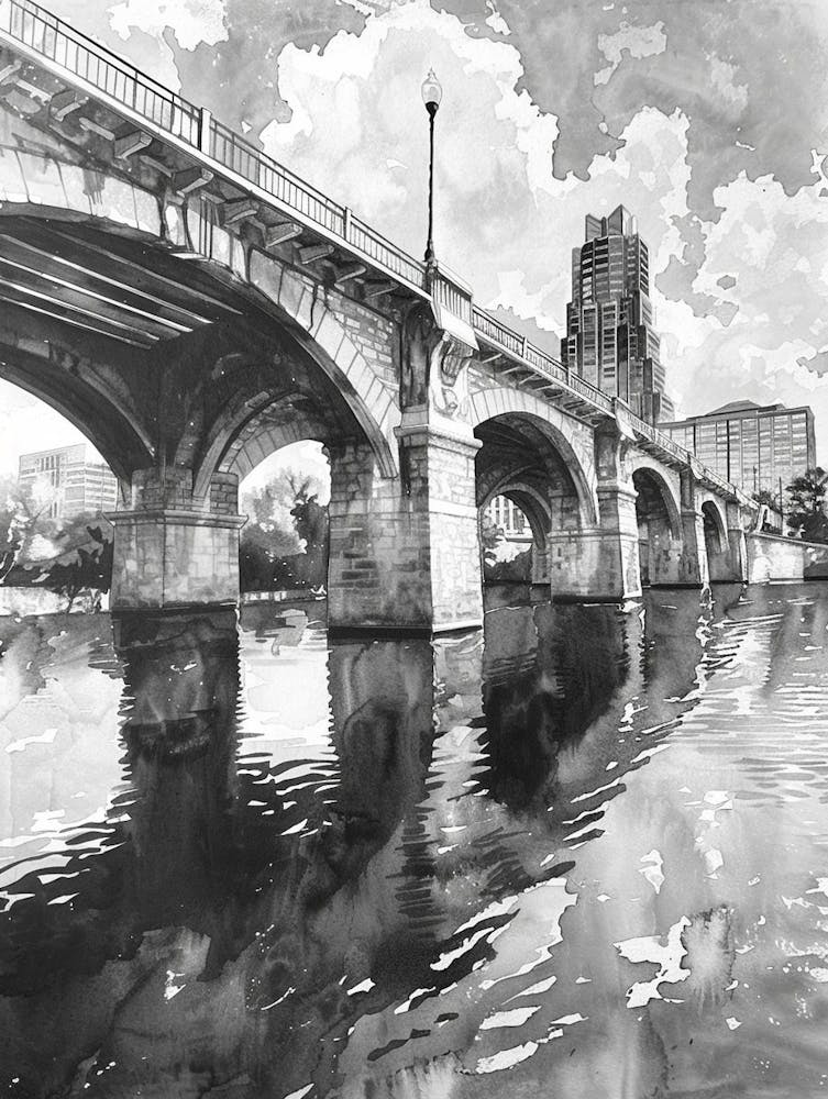 Congress Avenue Bridge Austin Texas Black And White Watercolour 3