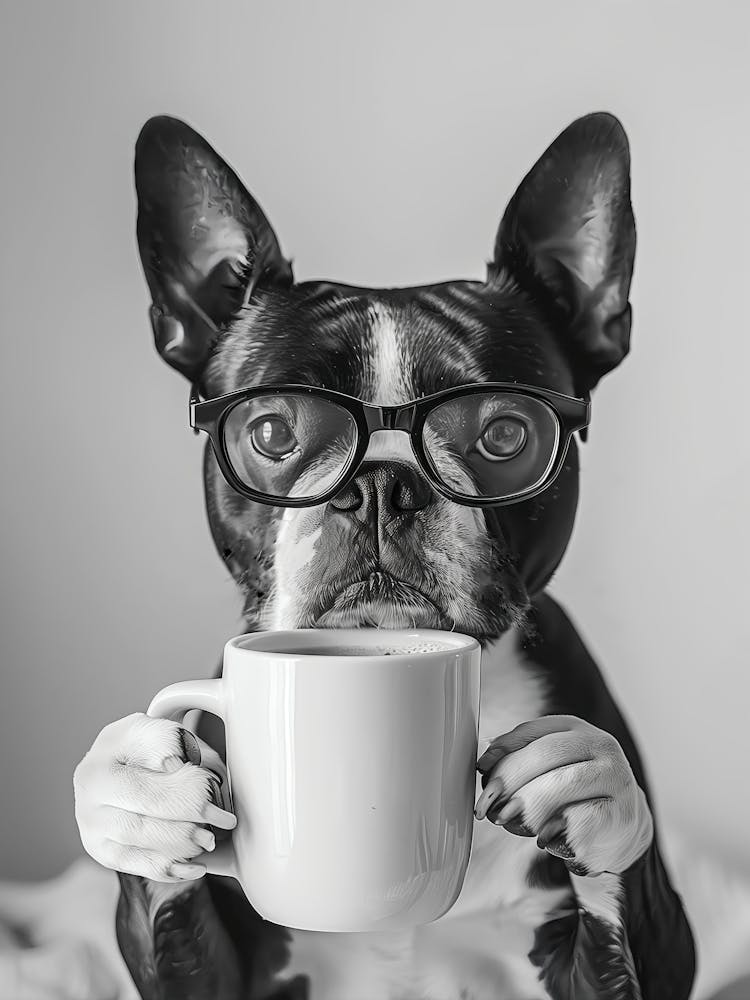 Boston Terrier Drinking Coffee Wall Art, Black And White Print, Coffee Lover Print, Dog Gift, Funny Dog Poster, Kitchen Wall Decor