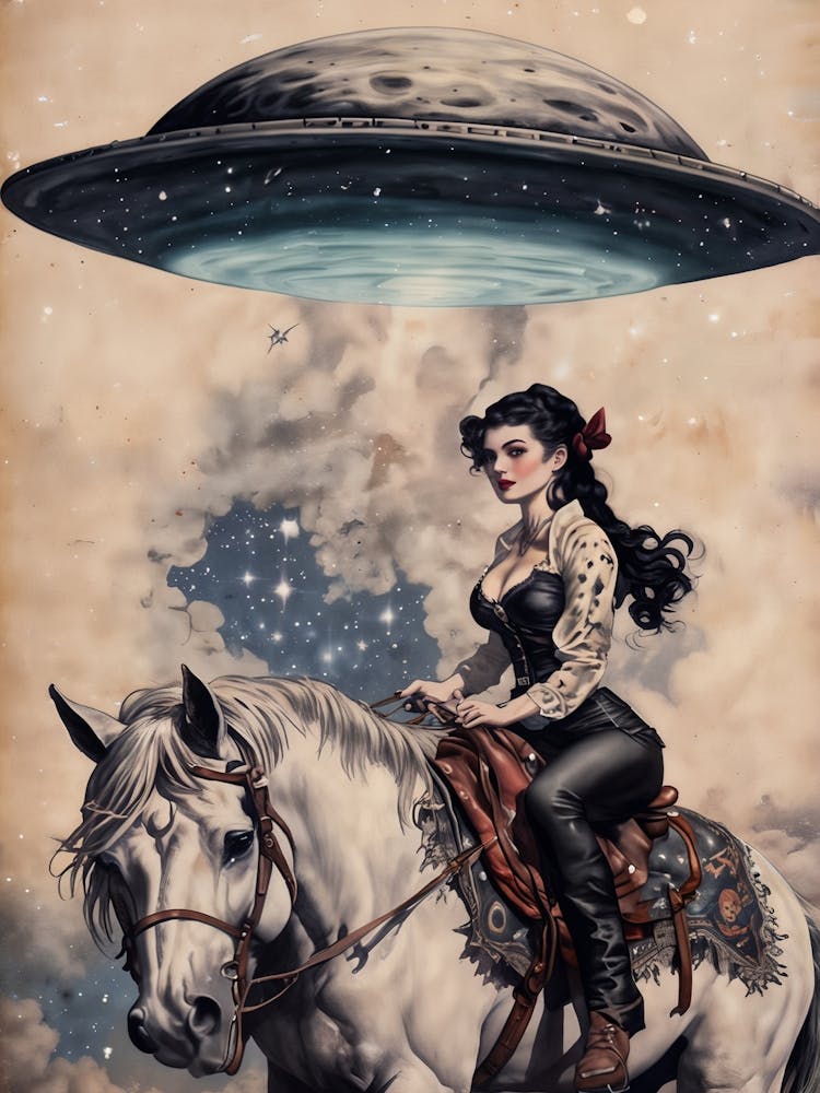 Vintage Gothic Pinup Cowgirl on Her Trusty Horse Awaits Her Alien Cowboy's Arrival