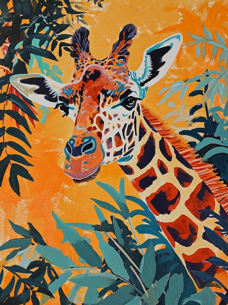 Giraffe In The Leaves Colourful Pattern 1