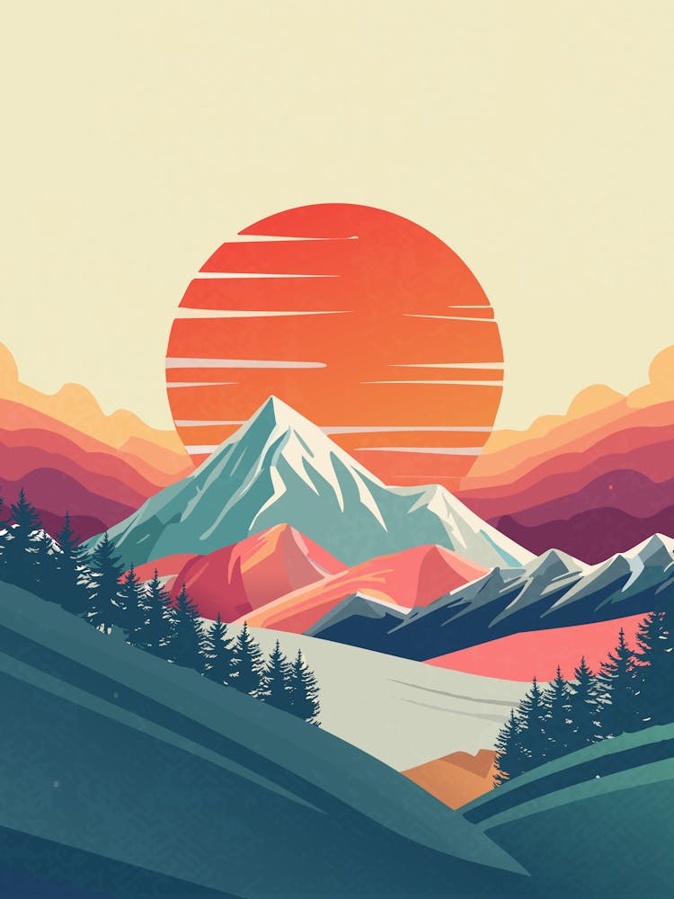 Retro Sunset Mountain Landscape