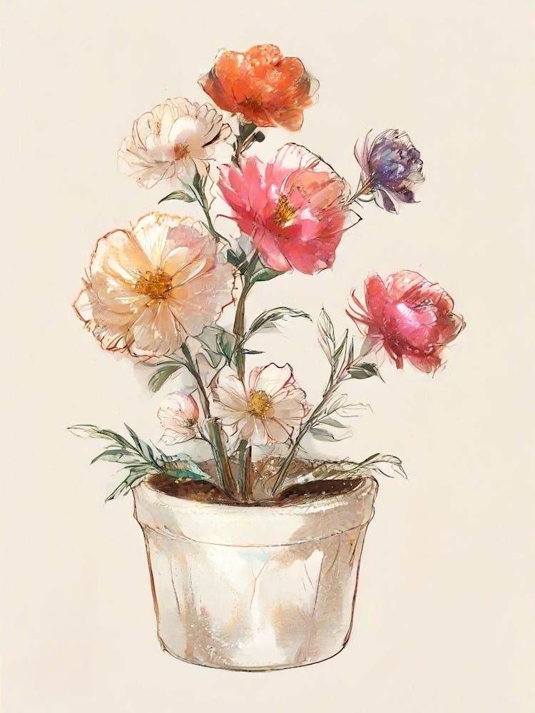 Watercolor Flowers In A Pot