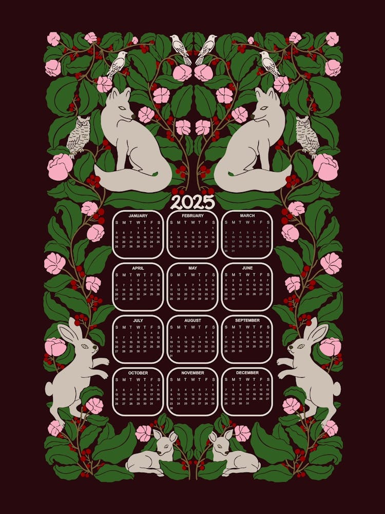 Woodland Wonder 2025 Calendar Maroon Background