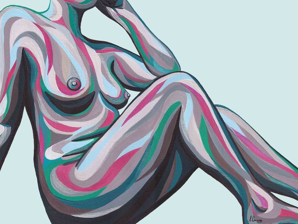 Nude Resting Woman In Grey And Hot Pink