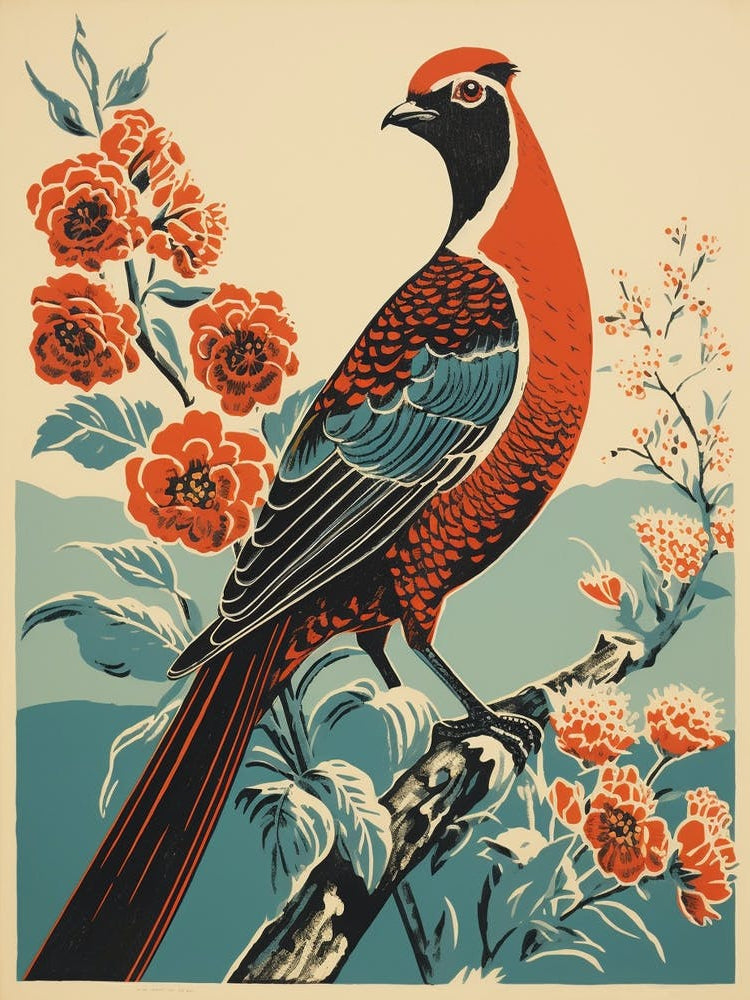 Vintage Bird Linocut Pheasant 7