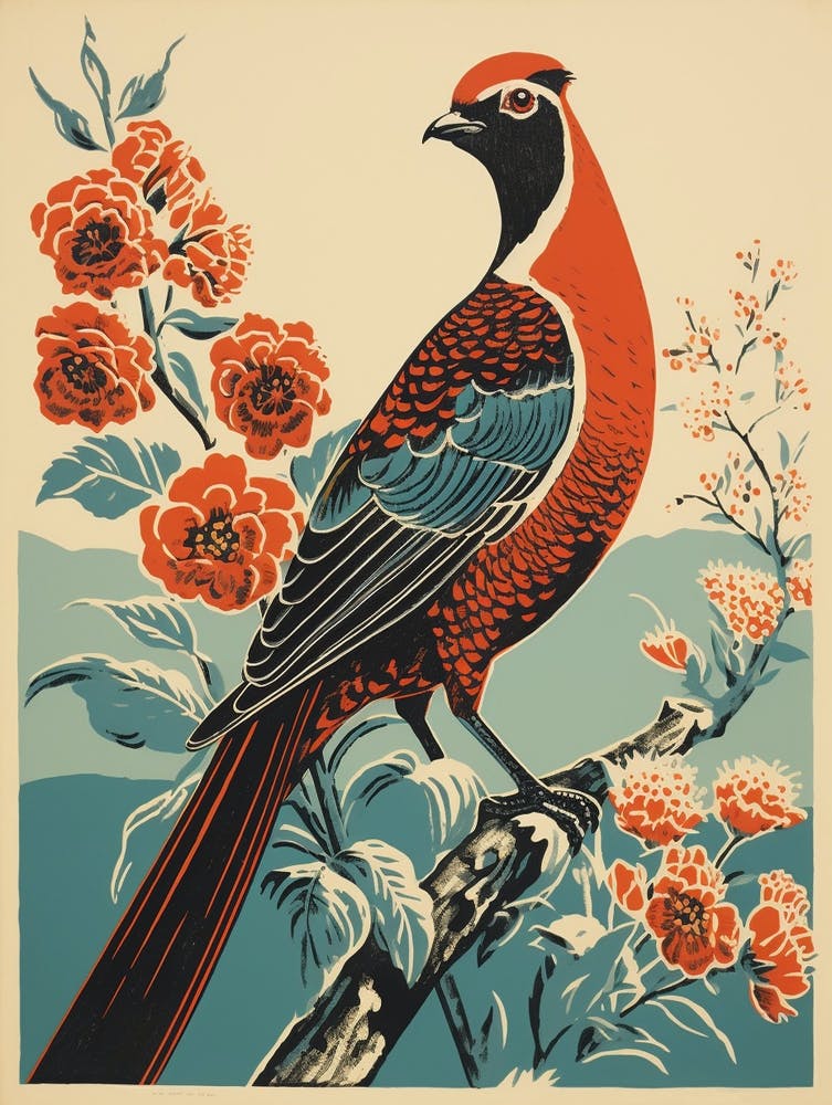 Vintage Bird Linocut Pheasant 7