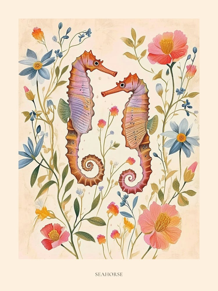 Folksy Floral Animal Drawing Seahorse Poster