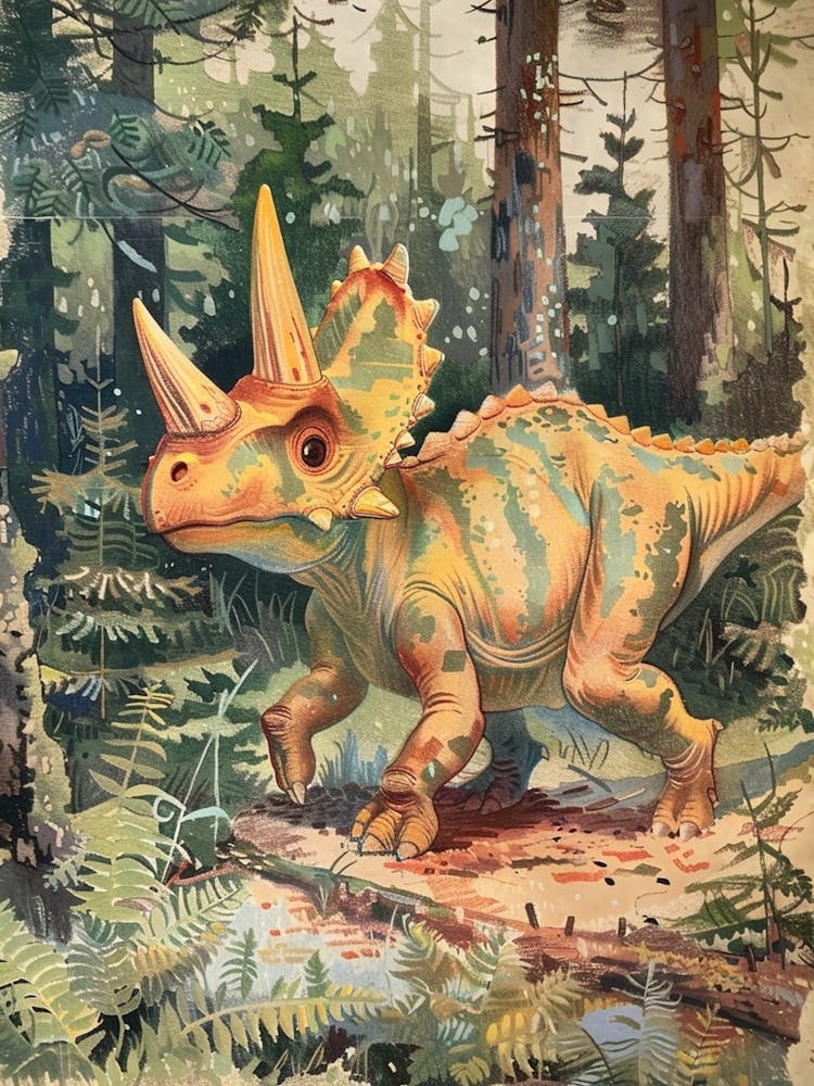 Cute Triceratops In The Woodlands Vintage Storybook Painting 2
