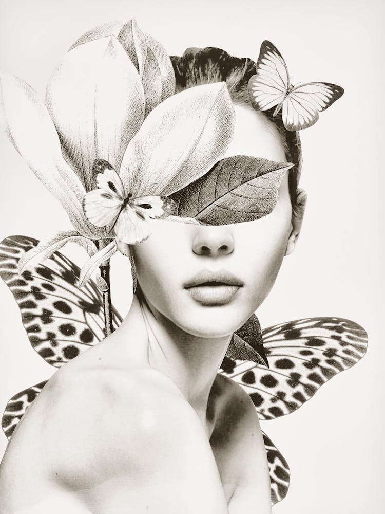 Portrait Woman With Flower And Butterflies