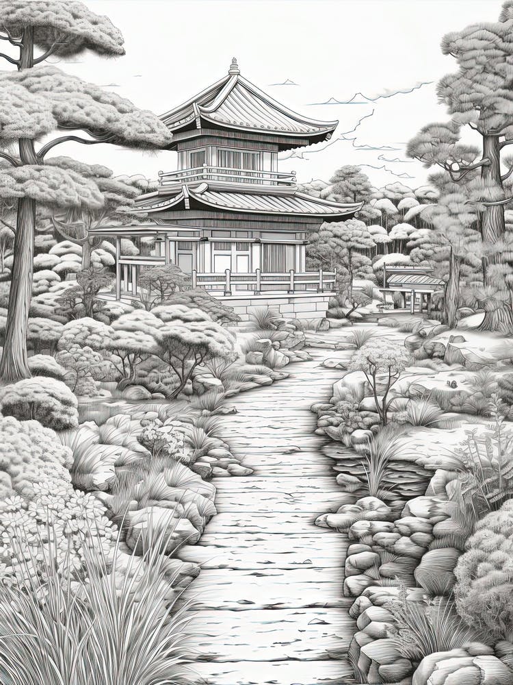 Rikugien Garden In Tokyo, Ukiyo E Black And White Line Art Drawing 3