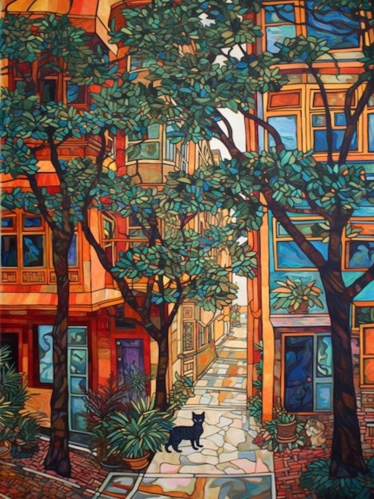 Painting Of San Francisco With A Cat In The Style Of William Morris 1