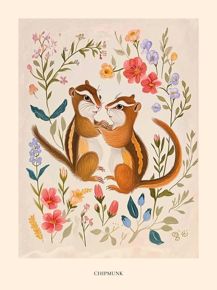 Folksy Floral Animal Drawing Chipmunk Poster