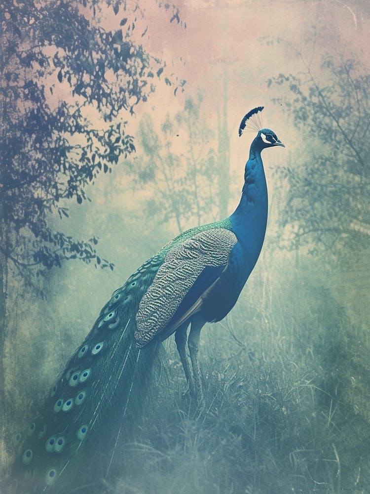 Turquoise Cyanotype Inspired Peacock In The Grass 2