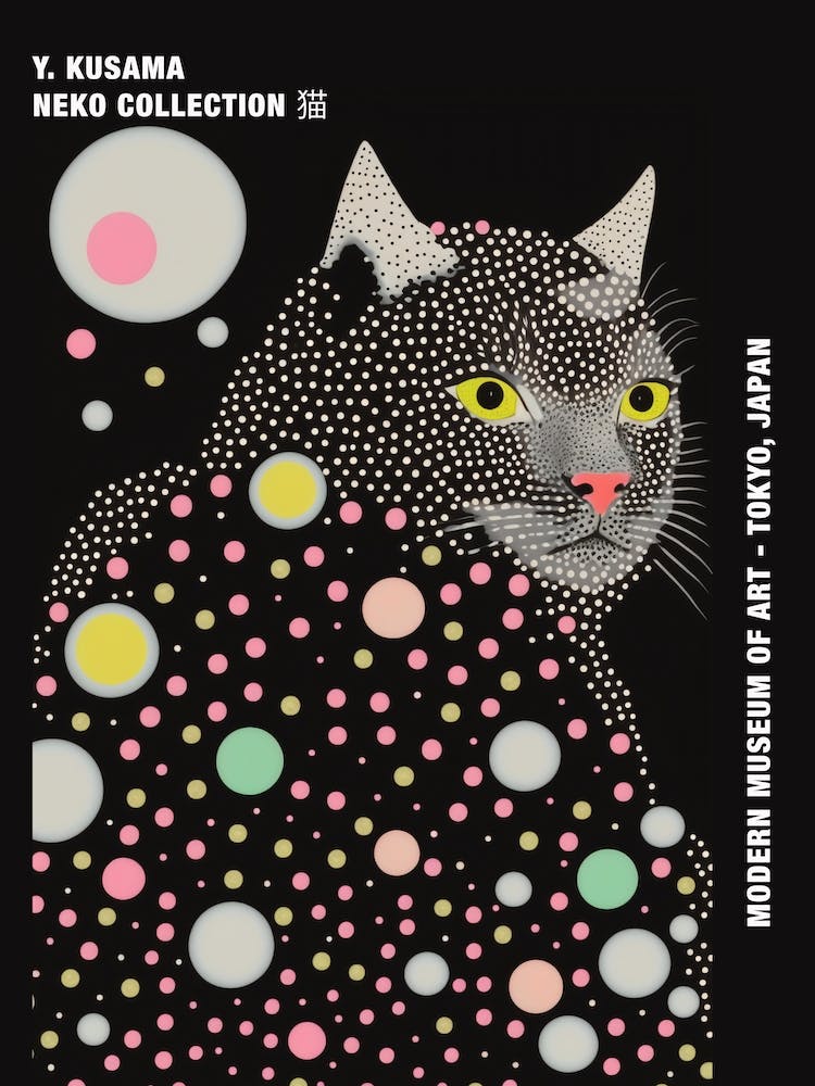 Yayoi Kusama Inspired Cat Pink Black Poster