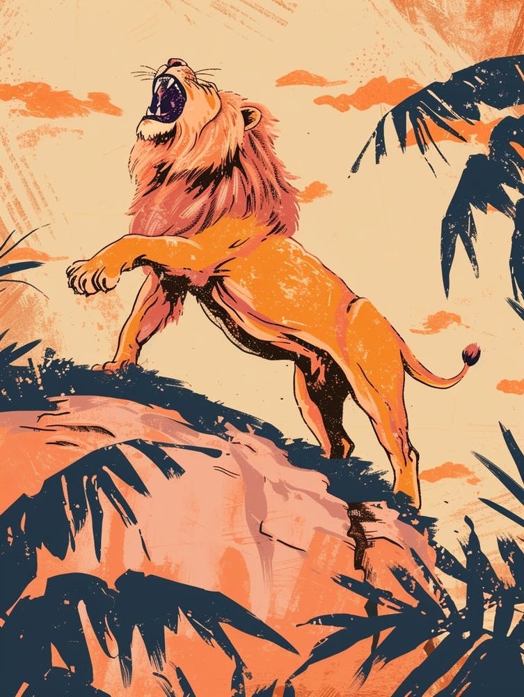 Lion Africain Rugissant Sur Une Falaise Illustration 2