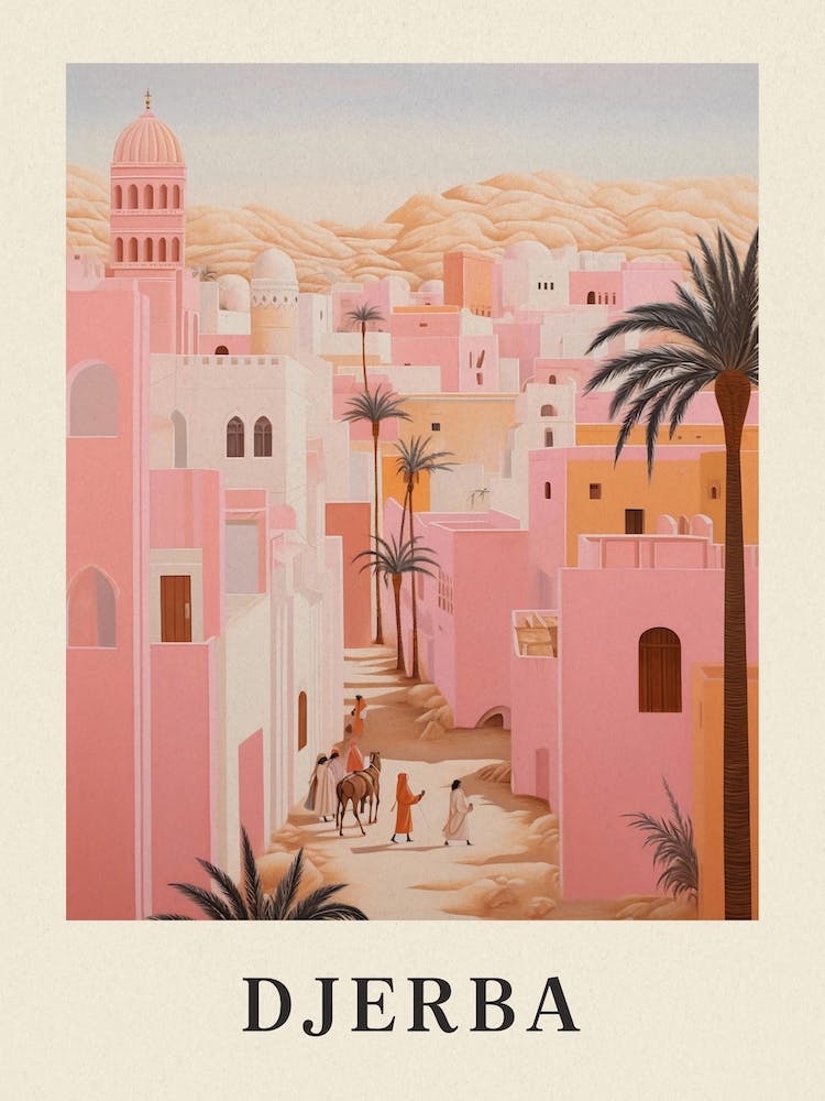 Djerba Tunisia 2 Vintage Pink Travel Illustration Poster