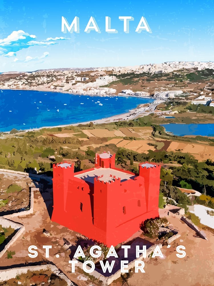 Malta, St.Agatha's tower/Red tower — Retro travel minimalist poster
