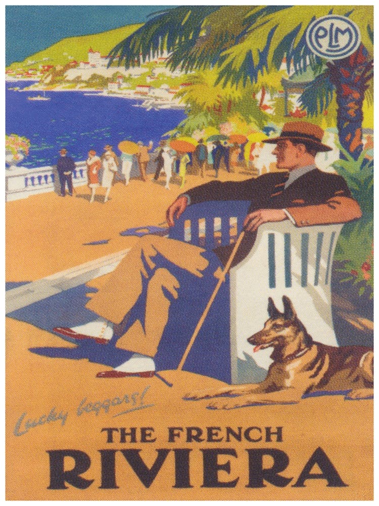French Riviera Beach, Man With Dog, Muted Neutral Colors, Vintage Travel Poster