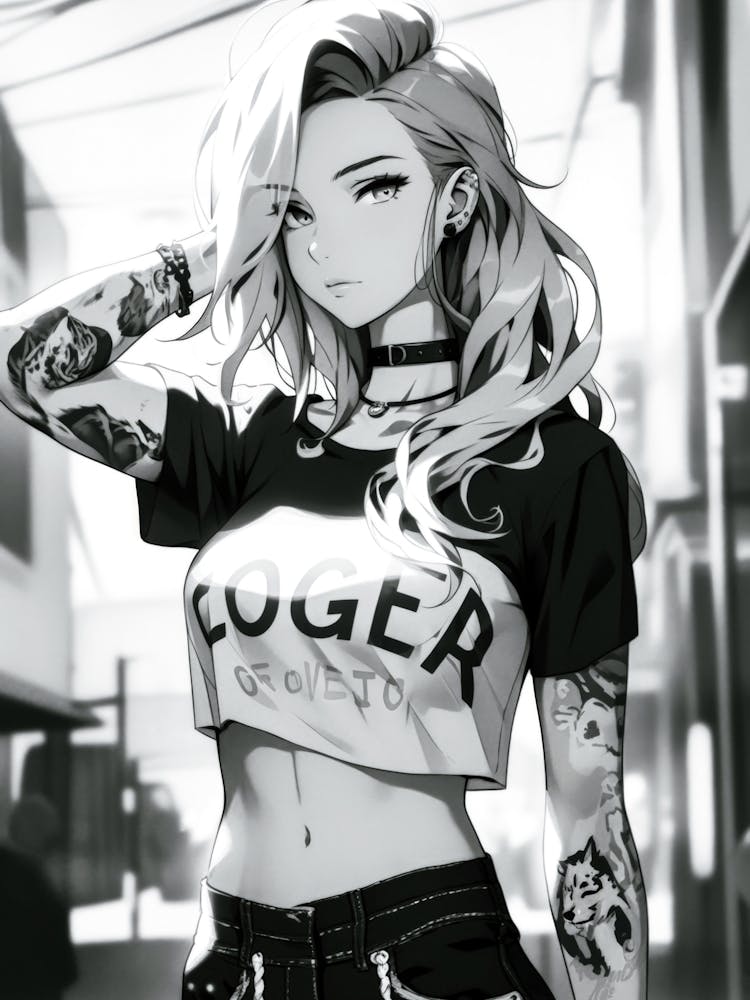 Allure anime blonde sensuelle : une belle fille du monde du manga noir et blanc, où le mignon rencontre l'audacieusement sexy.
