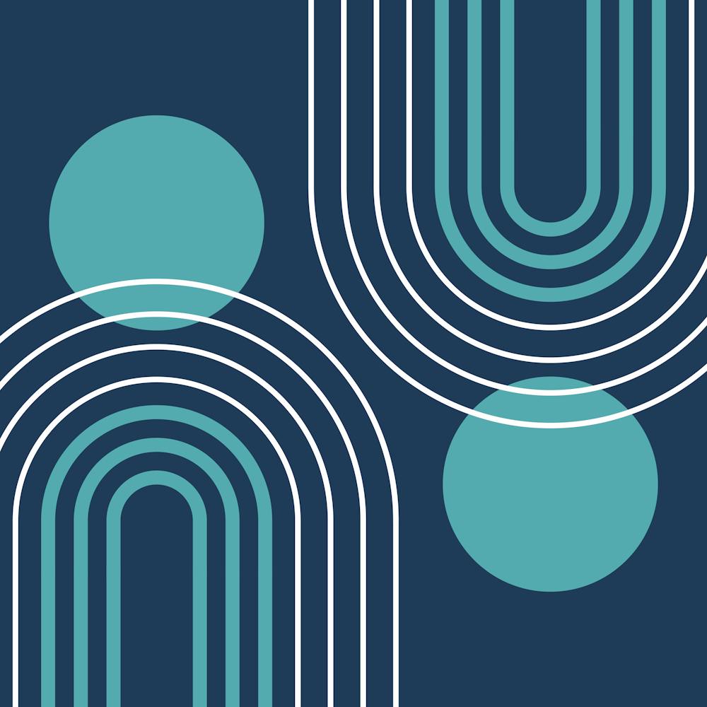 Mid-Century Modern Geometrisch B29 In Marineblau und Petrol (Regenbogen- und Sonnen-Abstraktion) 02