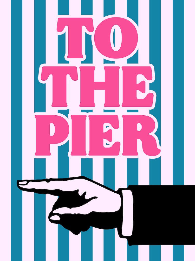 To The Pier Pink Blue Right Retro Seaside Coastal Print 1