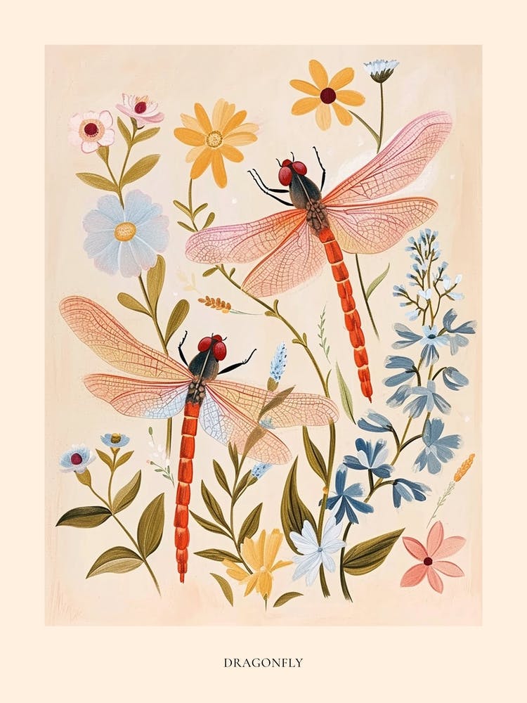 Folksy florale Tierzeichnung Libelle 3 Poster