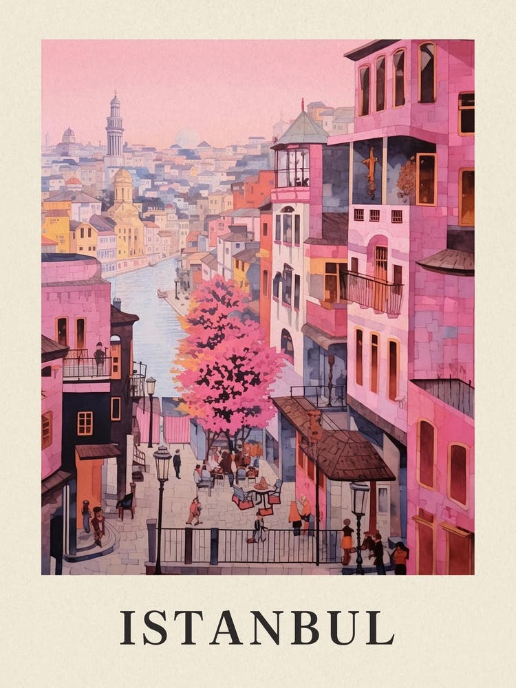 Istanbul Turkey 2 Vintage Pink Travel Illustration Poster