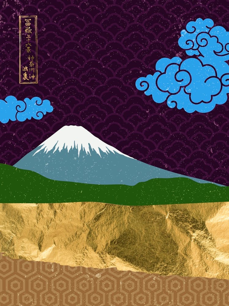 Mt Fuji - Japanese Gold landscape with mountain, Japanese golden poster, purple and blue