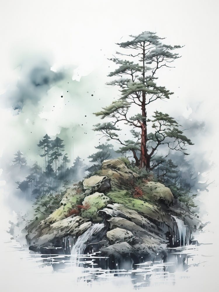 Shiretoko Peninsula In Hokkaido, Japanese Brush Painting, Ukiyo E, Minimal 1