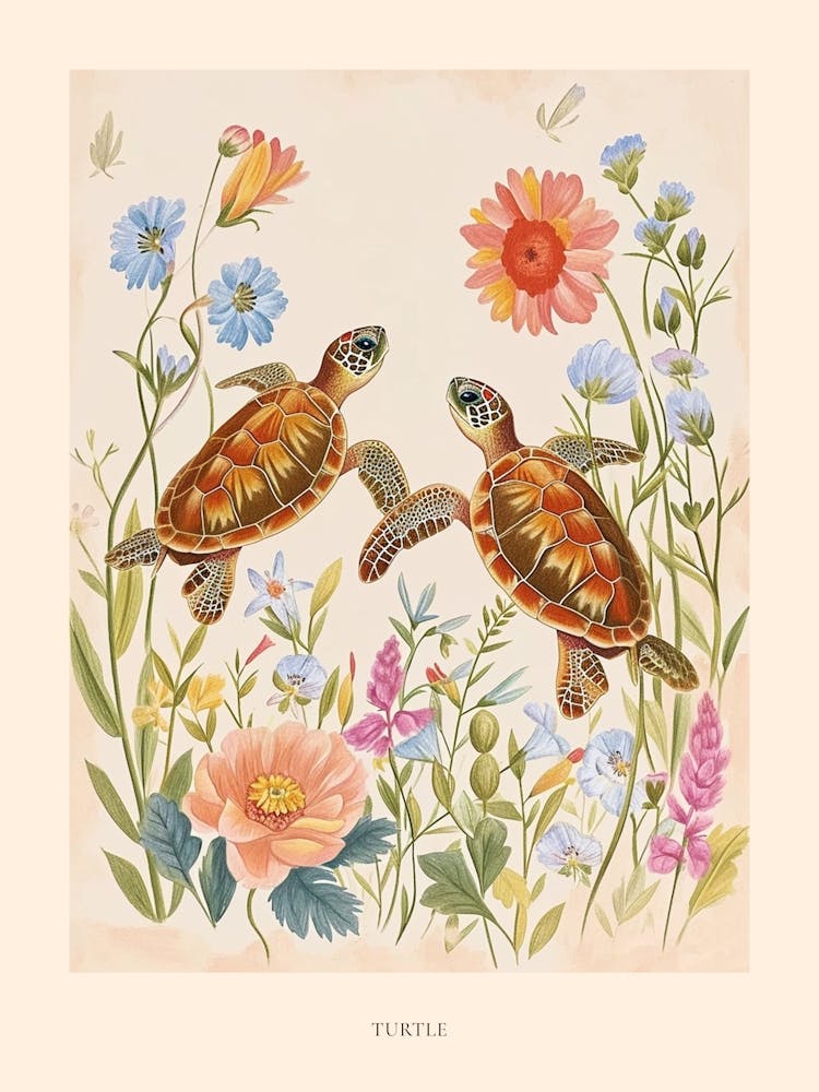 Folksy Floral Animal Drawing Turtle Poster