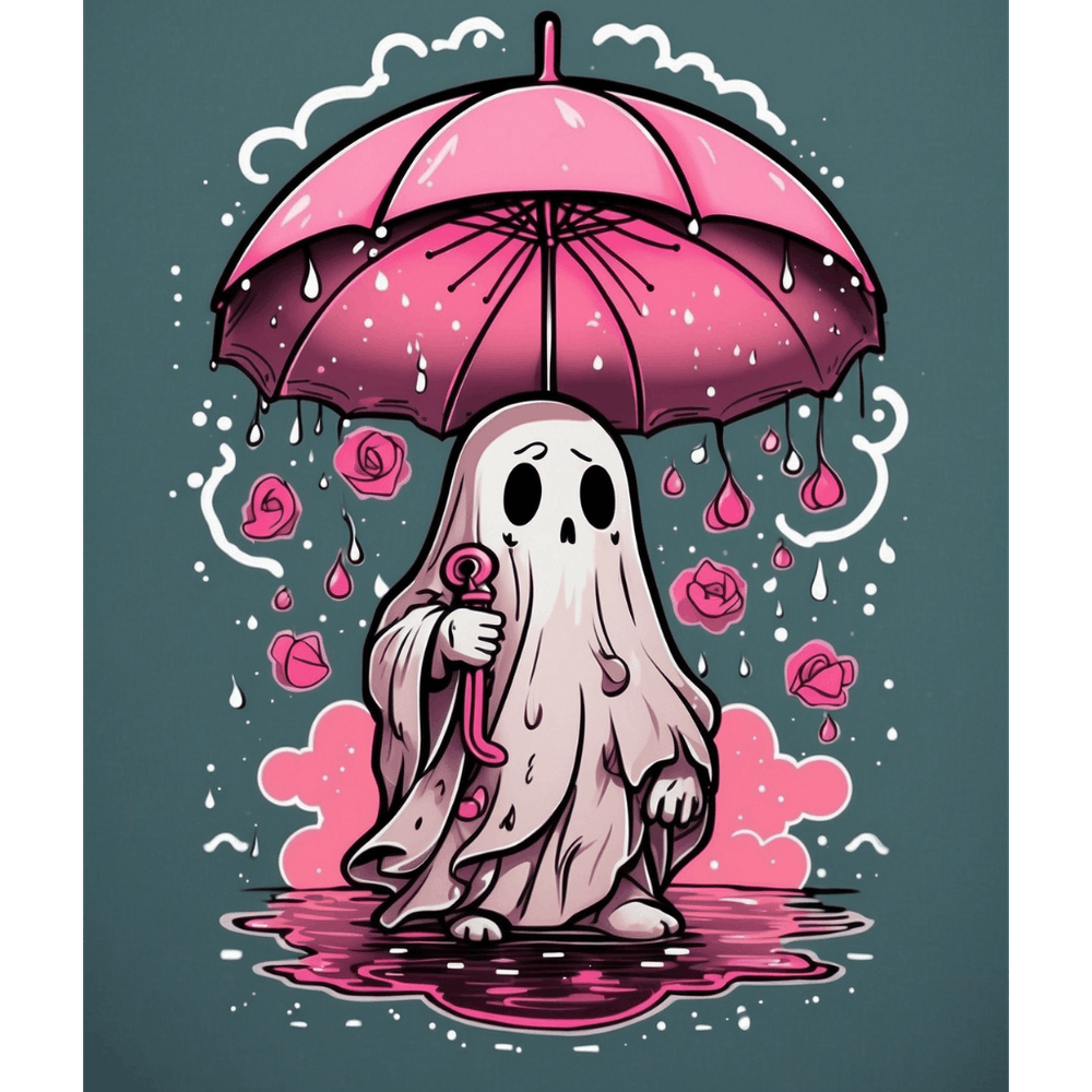 Ghost In The Rain Tattoo drawing of a ghost holding pink umbrella in a rainstorm. Include rain and lightning. In the style of Sailor Jerry. American traditional tattoo.