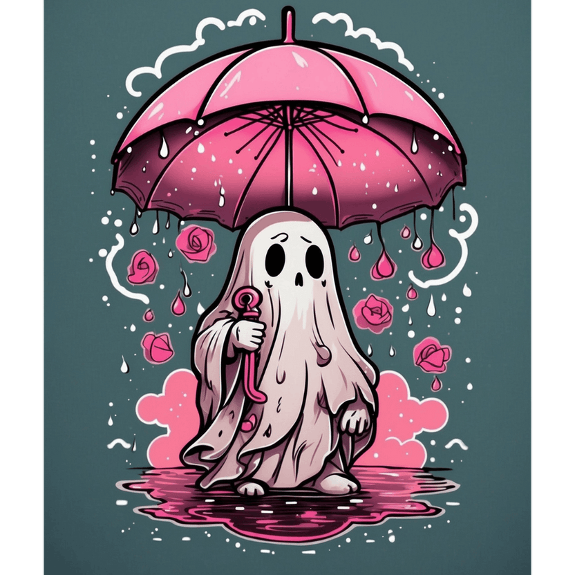 Ghost In The Rain Tattoo drawing of a ghost holding pink umbrella in a rainstorm. Include rain and lightning. In the style of Sailor Jerry. American traditional tattoo.