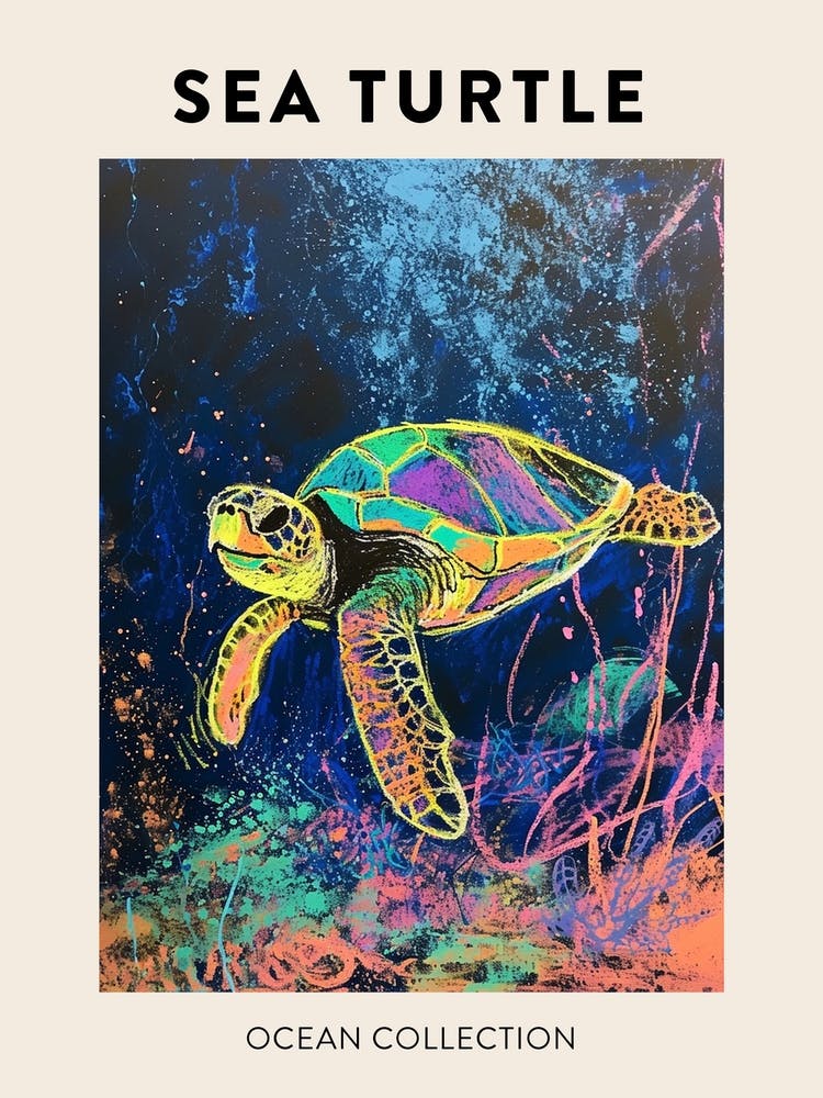 Colourful Sea Turtle Exploring Deep Into The Ocean Crayon Doodle Poster 4