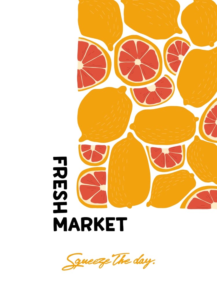 Fresh Market Grapefruit Orange Printable Poster, Fruit Lover Gift, Kitchen Wall Decor, Tropical Citrus Art