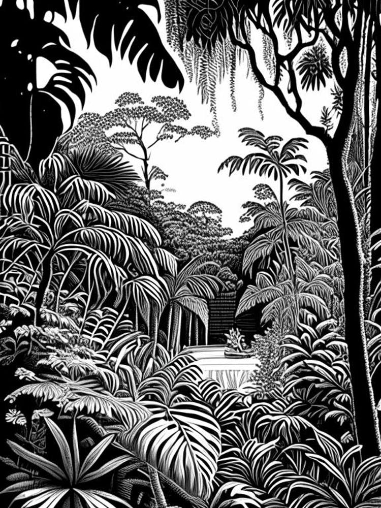 Penang Botanic Gardens, Malaysia Linocut Black And White Vintage
