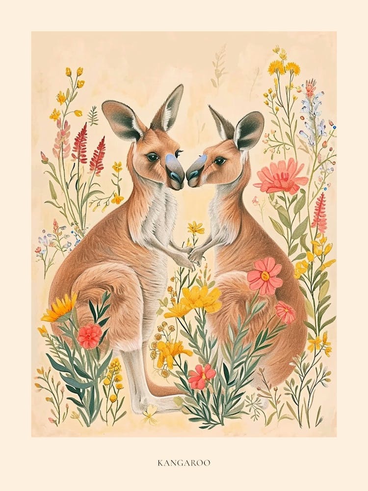 Folksy Floral Animal Drawing Kangaroo Poster