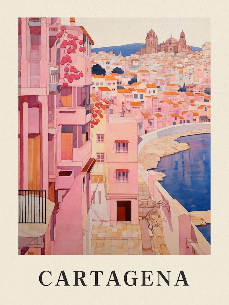 Cartagena Spain 3 Vintage Pink Travel Illustration Poster
