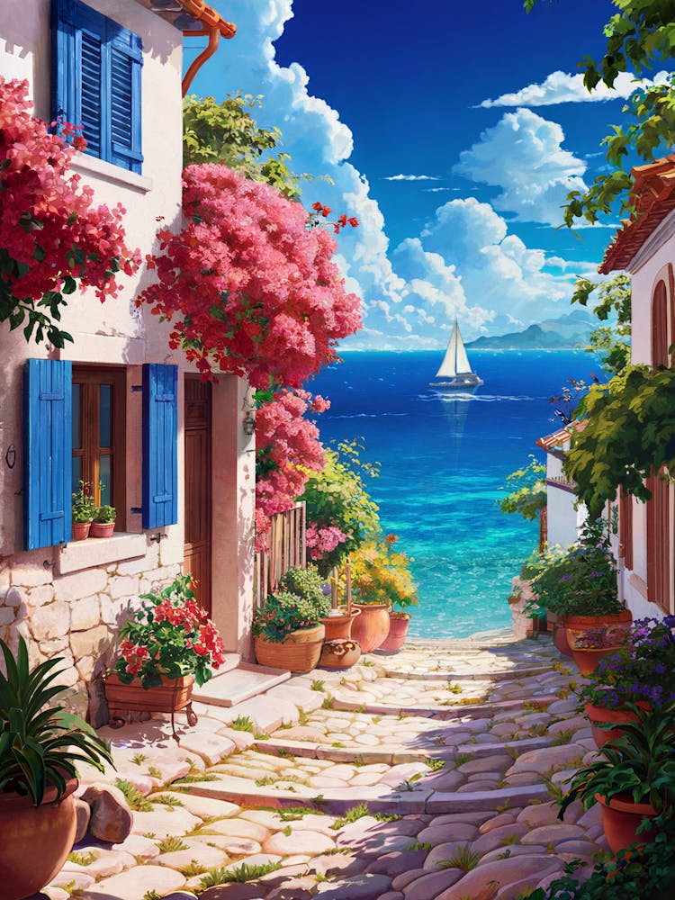 Lofi Anime Art: Mediterranean seaside village with a colorful house, blooming flowers, and a serene ocean view. Perfect for tranquil, sunny vibes.