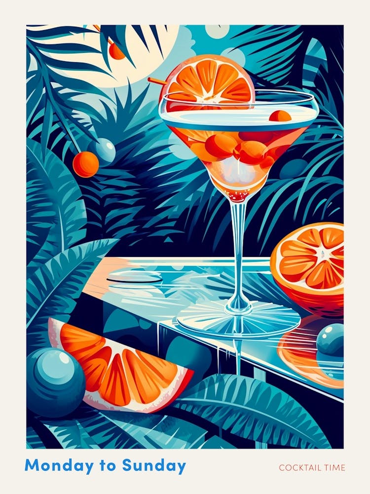 Art Deco Blue & Orange Cocktail Poster