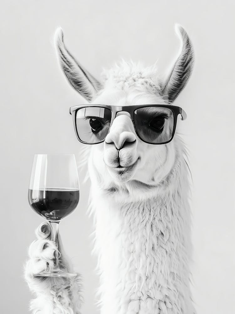 Llama Drinking Wine Wall Art, Black And White Print, Animal Art, Bar Cart Print, Alpaca Poster, Funny Wall Art, Bar Decor, Kitchen Decor