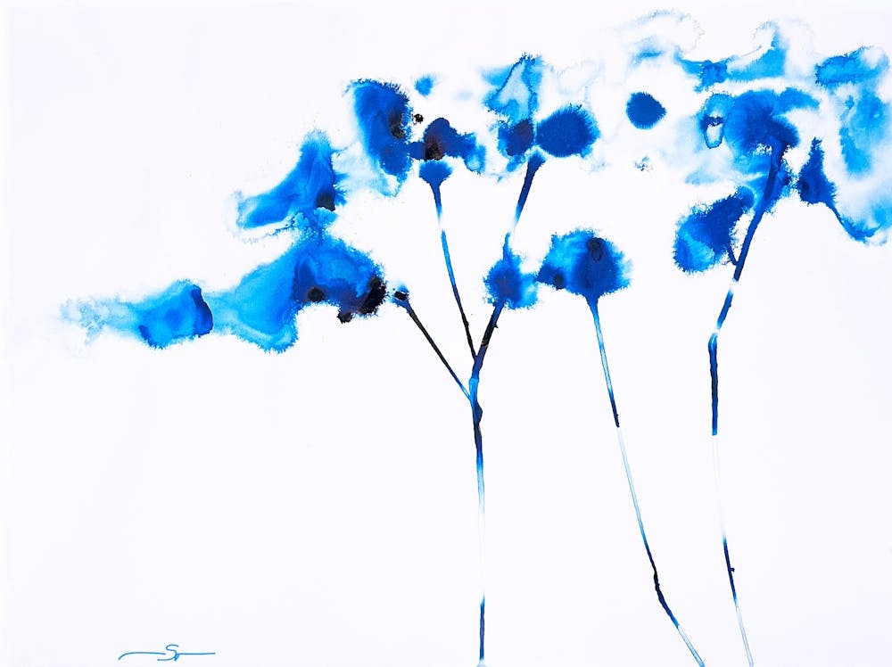 Abstract Blue Florals, Liquid Acrylics on Paper