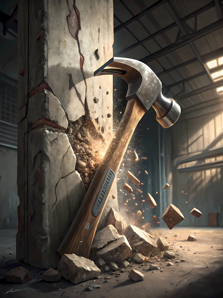 Realistic Hammer Breaking Concrete Wall Oil Painting