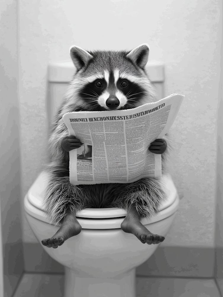 Süßer Waschbär sitzt auf Toilette und liest Zeitung