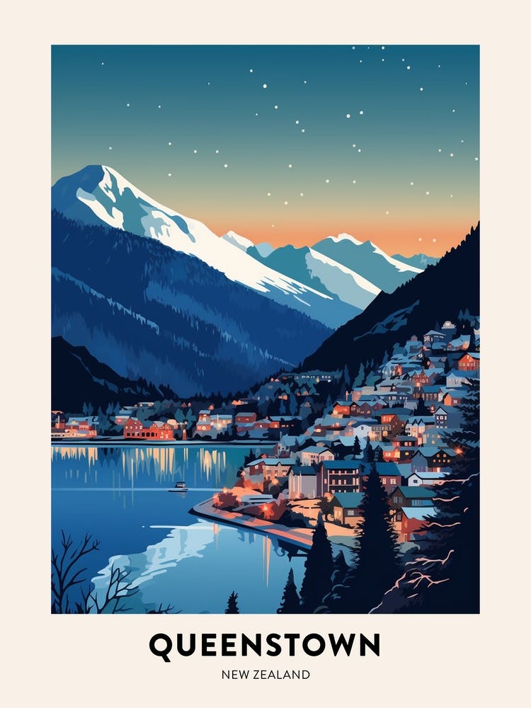Winter Night  Travel Poster Queenstown New Zealand 1
