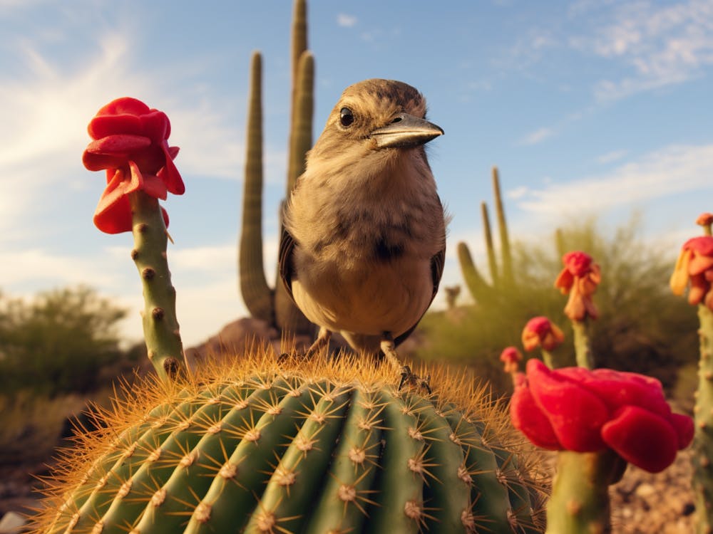 Cactus With Flowers and Bird
